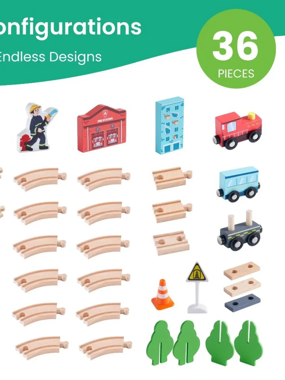 Wooden Train Set for Toddlers, 36 Pcs with Wooden Tracks Expandable, Changeable - Picture 2 of 7